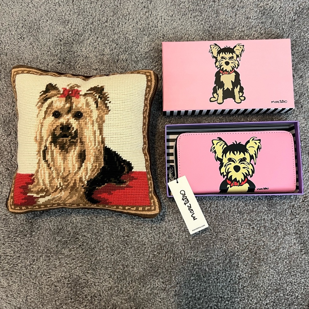 Marc Tetro Yorkie Zip Around Wallet  NWT & Needlepoint Pillow